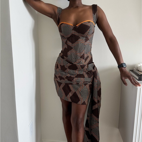 NWOT Custom Made African Print Skirt with Drape Detail in Brown - Picture 4 of 9